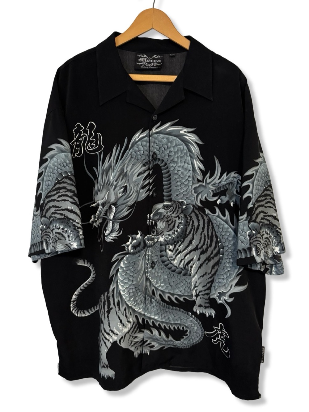 Vintage Y2K Mecca Black Dragon & Tiger Print Short-Sleeve Button Up Shirt